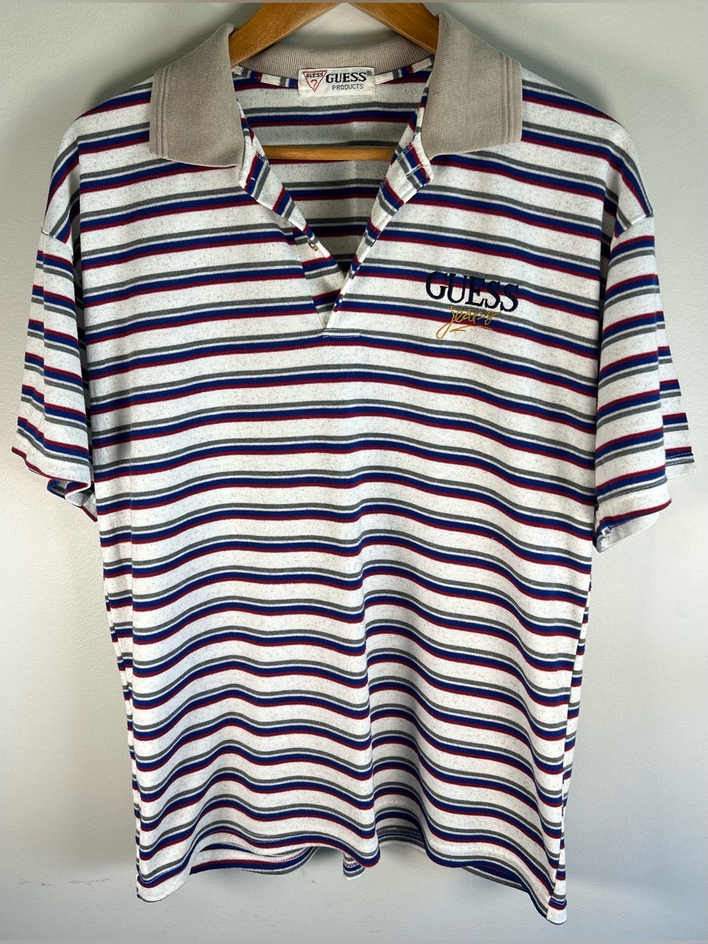 Vintage 90s Guess Jeans Men’s Polo Shirt Size M/L Multicolor Stripes Logo